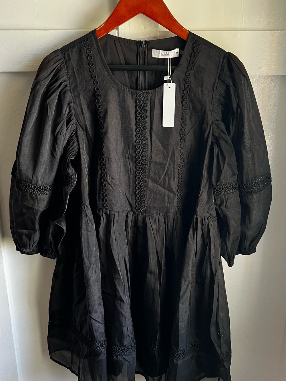 Black Puff-Sleeve Mini Dress with Sheer Eyelet Trim by Talulah